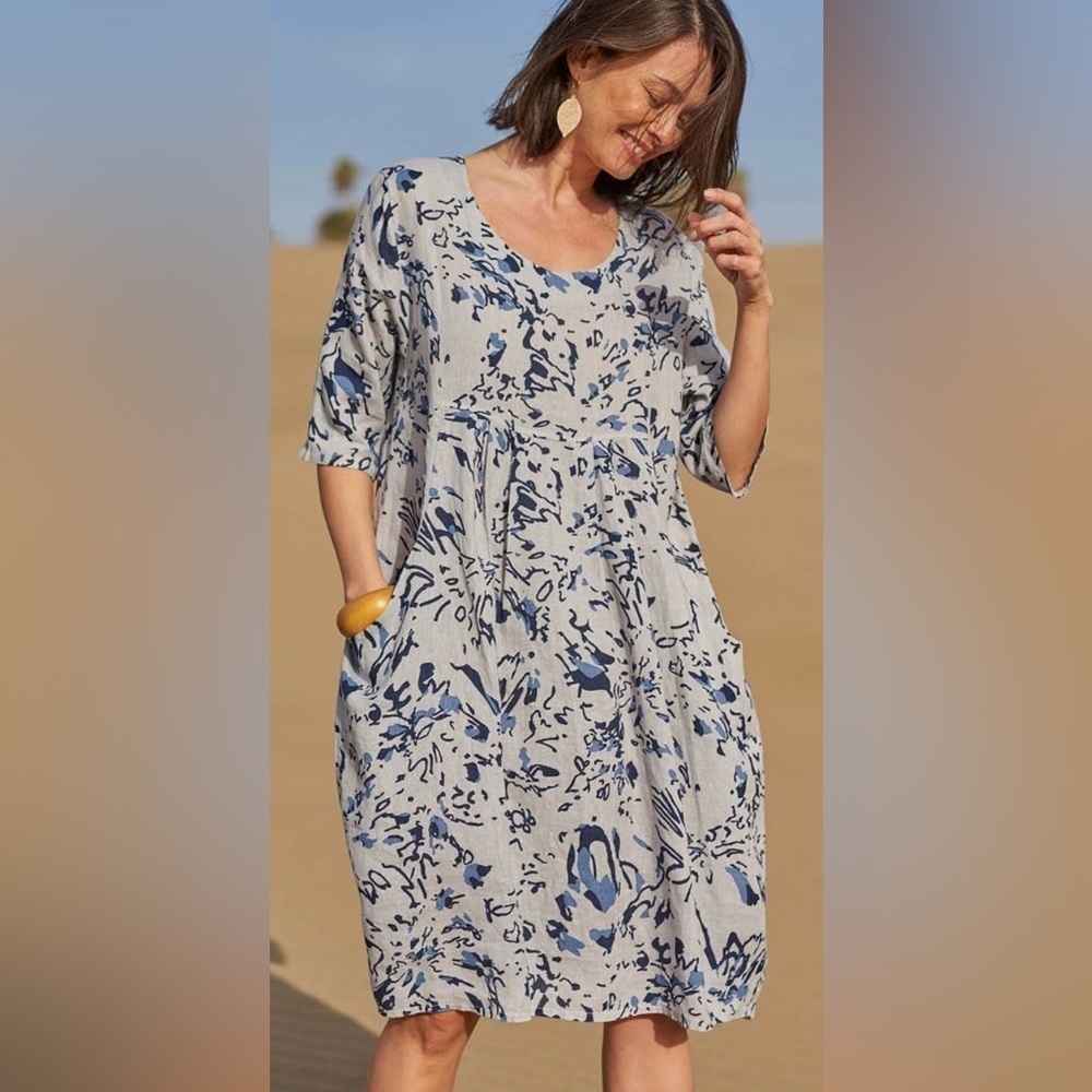 NEW woolOvers Linen Pocket Tunic Dress Blue /White Batik Print